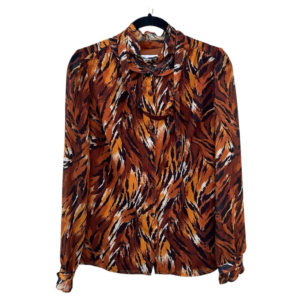 Julie Brown Tiger Print Tie Neck Button Front Blouse Size 6 NWT